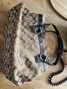 Coach Beige Signature Canvas Shoulder Bag with Black Leather Trim